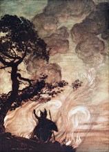 Wotan turns and looks sorrowfully back at Brünnhilde. Illustration for The Rhinegold and The Valkyr Artist: Rackham, Arthur (1867-1939)
