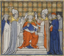 The Anointing and Coronation of Louis IV at Laon, 19 June 936. From Grandes Chroniques de France, 15 Artist: Anonymous