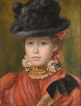 Girl in black hat with red flowers, c. 1890. Artist: Renoir, Pierre Auguste (1841-1919)