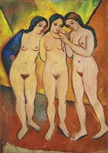 Three nudes, orange and red, 1912. Artist: Macke, August (1887-1914)