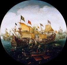 Sea battle between the Dutch and Spanish ships, 1604. Artist: Aert Anthonisz., (Aert van Antum) (ca. 1580-1620)