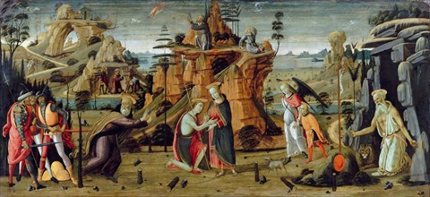 Landscape with biblical scenes and legends of the saints. Artist: Jacopo del Sellaio (1442-1493)