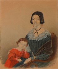 Portrait of Maria Prokhorovna Krivtsova with son Alexander, 1841. Artist: Anonymous