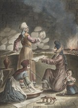 Turkish women bake bread, 1790. Artist: Rosset, François-Marie (1752-1824)