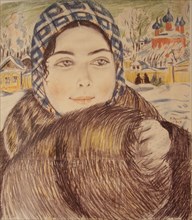 A young merchant's wife in the a checkered scarf, 1919. Artist: Kustodiev, Boris Michaylovich (1878-1927)