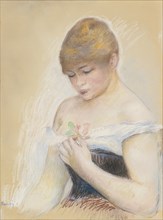 Young Woman Holding A Flower. Portrait of the actress Jeanne Samary, c. 1880. Artist: Renoir, Pierre Auguste (1841-1919)