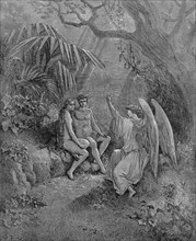 Raphael talks to Adam and Eve. Illustration for John Milton's Paradise Lost, 1866. Artist: Doré, Gustave (1832-1883)