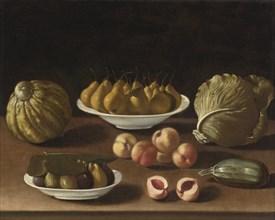 Still life with pears, peaches, figs, a melon, cabbage and marrow. Artist: Barbieri, Paolo Antonio (1603-1649)