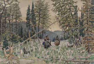 Hunters on horseback in a pine forest. Artist: Vasnetsov, Appolinari Mikhaylovich (1856-1933)