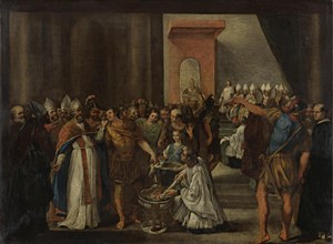 Emperor Constantine burning Arian books, 1640s. Artist: Magnone, Carlo (?-1653)
