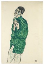 Self-portrait in green shirt with eyes closed, 1914. Artist: Schiele, Egon (1890-1918)