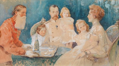 Tsar Nicholas II and Alexandra Fyodorovna with their Daughters Olga, Tatiana, Maria und Anastasia (a Artist: Samokish-Sudkovskaya, Elena Petrovna (1863-1924)