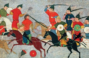 Ghenghis Khan in combat. Miniature from Jami' al-tawarikh (Universal History), ca 1430. Artist: Anonymous