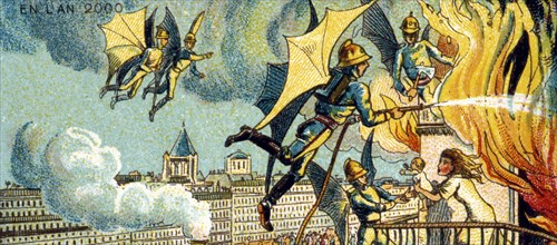 Flying Fireman. From the series Visions of the Year 2000, 1899. Artist: Côté, Jean-Marc (active End of 19th cen.)