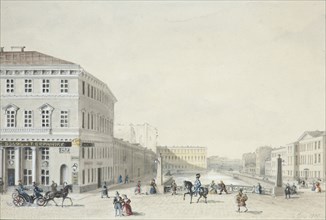 View of the Moika Embankment from the Police Bridge, 1839. Artist: Anonymous