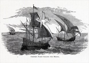 Cortez's Fleet Sailing for Mexico, 1882. Artist: Anonymous
