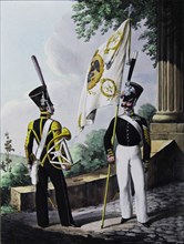 Porte-epee-Praporshchik and Hornist of the Guards Garrison Battalion, 1829. Artist: Belousov, Lev Alexandrovich (1806-1864)