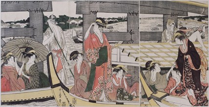 On top and beneath Ryogoku Bridge, c. 1796. Artist: Utamaro, Kitagawa (1753-1806)