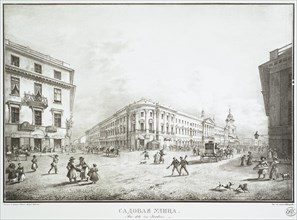 View of Sadovaya Street in Saint Petersburg, Mid of the 19th century. Artist: Beggrov, Karl Petrovich (1799-1875)