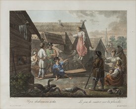 Game of Jumping on a Board, ca 1812. Artist: Korneev (Karneev), Yemelyan Mikhaylovich (ca 1780-after 1839)