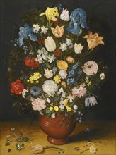 Still life with irises, tulips, roses, and narcissus in a ceramic vase, c.1600-1605.
