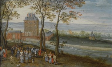 An extensive landscape with a view of the castle of Mariemont, a procession with the archduke Albrec