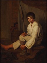 Boy putting bast shoe on, 1820s.