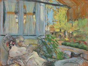 Madame Hessel reading on Cézanne's enclosed terrace.