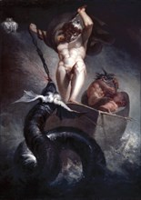 Thor in Hymir's boat battling the Midgard Serpent.