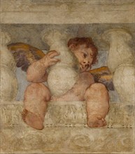 Angel seated on a balustrade.
