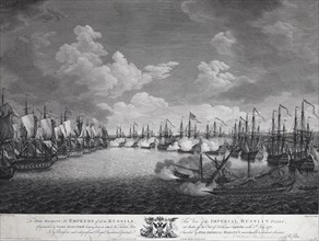 Russian and Turkish fleet before the Battle of Chesma on July 5, 1770.