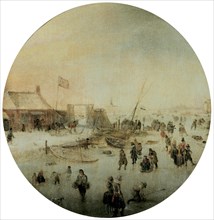 Winter landscape with skaters.
