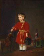 Portrait of a boy in a red dress with military toys.
