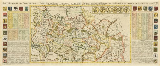 Map of Muscovy, with coats of arms, Russian coins of the day and explanatory panels.