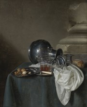 Still Life with a Pewter Jug, a glass of ale, a salt cellar and a bread roll.