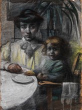 Portrait of the artist's wife with daughter.