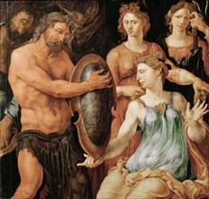 Vulcan hands Thetis the shield for Achilles.