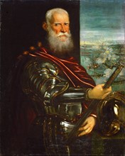 Sebastiano Venier (1496-1578), with the Battle of Lepanto in background.