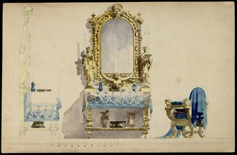 Vanity table, Desdemona's room. Set design for opera Otello by Giuseppe Verdi, world premiere, La Sc