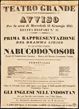 Poster for the opera Nabucco by Giuseppe Verdi in Teatro Grande on 11 January 1843, 1843.