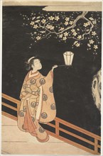 Woman Admiring Plum Blossoms at Night.