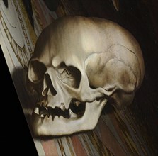 The anamorphic skull. The Ambassadors (Detail), 1533.