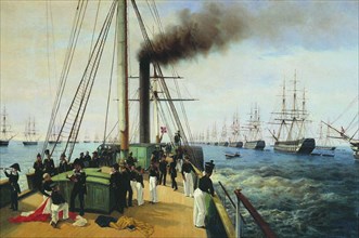 The review of the Baltic Fleet by the Emperor Nicholas I on the steamer Nevka, 1850-1860s.
