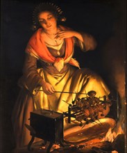 Girl in front of a fireplace, 1870.