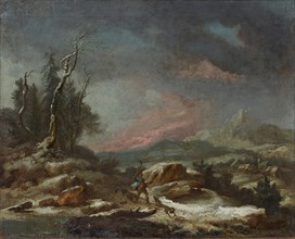 Winter landscape with a walker in the fight against wolves, 1771.