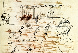 Sheet with drawing of the execution of the Decembrists, 1826-1827.