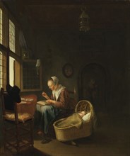 A mother sewing with her child, c. 1670.