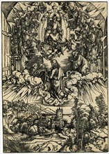 Saint John kneeling before Christ and the twenty-four elders. From Apocalypsis cum Figuris, 1498.
