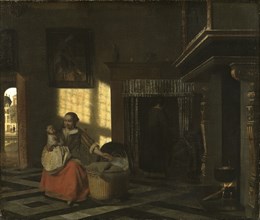 Interior with a Mother close to a Cradle, ca 1665.