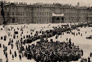 Demonstrators gather in front of the Winter Palace in Petrograd, 1917.